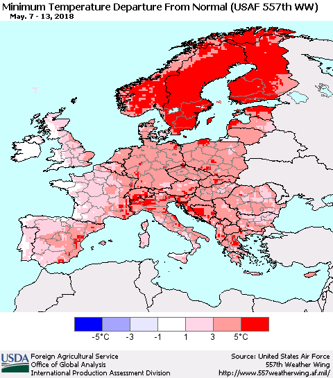 Europe Mean Minimum Temperature Departure from Normal (USAF 557th WW) Thematic Map For 5/7/2018 - 5/13/2018