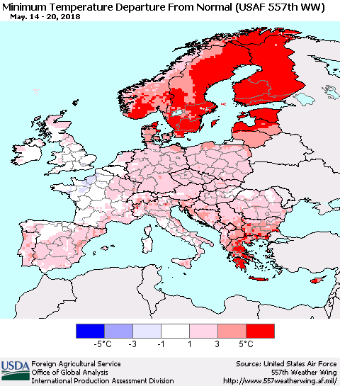 Europe Mean Minimum Temperature Departure from Normal (USAF 557th WW) Thematic Map For 5/14/2018 - 5/20/2018