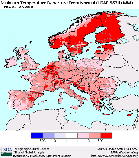Europe Mean Minimum Temperature Departure from Normal (USAF 557th WW) Thematic Map For 5/21/2018 - 5/27/2018