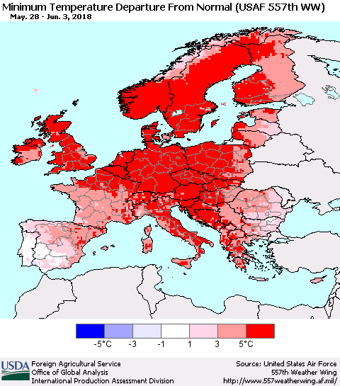 Europe Mean Minimum Temperature Departure from Normal (USAF 557th WW) Thematic Map For 5/28/2018 - 6/3/2018