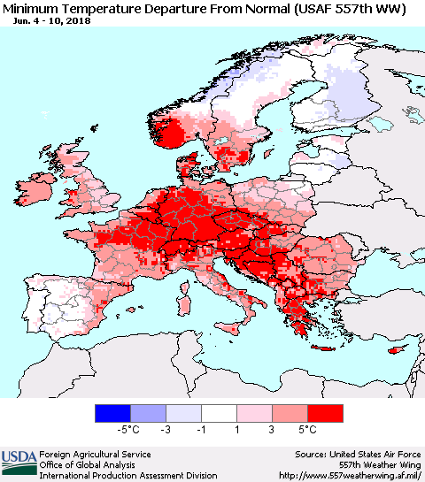 Europe Mean Minimum Temperature Departure from Normal (USAF 557th WW) Thematic Map For 6/4/2018 - 6/10/2018