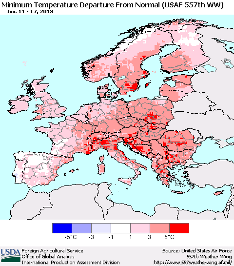 Europe Mean Minimum Temperature Departure from Normal (USAF 557th WW) Thematic Map For 6/11/2018 - 6/17/2018