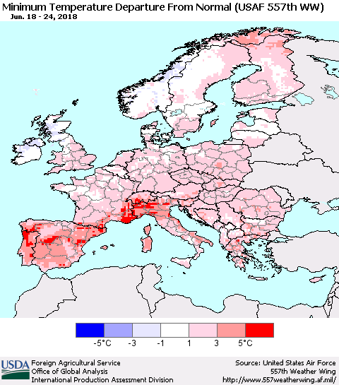 Europe Mean Minimum Temperature Departure from Normal (USAF 557th WW) Thematic Map For 6/18/2018 - 6/24/2018