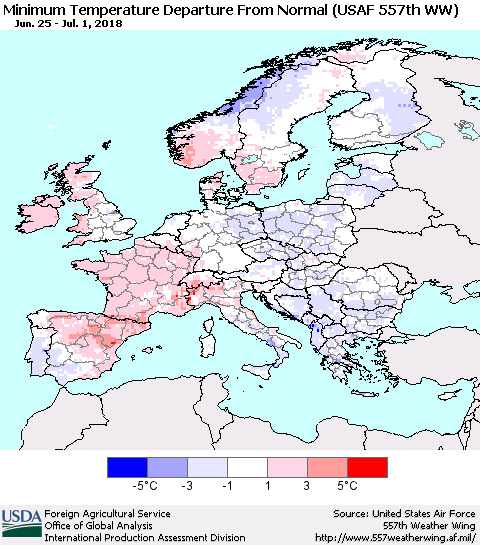 Europe Mean Minimum Temperature Departure from Normal (USAF 557th WW) Thematic Map For 6/25/2018 - 7/1/2018