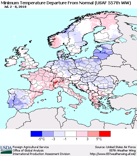 Europe Mean Minimum Temperature Departure from Normal (USAF 557th WW) Thematic Map For 7/2/2018 - 7/8/2018