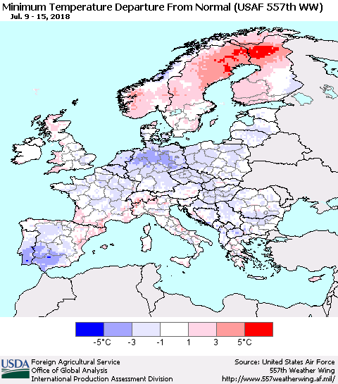 Europe Mean Minimum Temperature Departure from Normal (USAF 557th WW) Thematic Map For 7/9/2018 - 7/15/2018