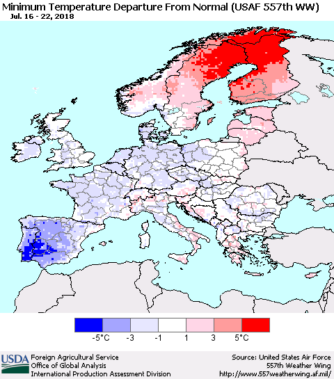 Europe Mean Minimum Temperature Departure from Normal (USAF 557th WW) Thematic Map For 7/16/2018 - 7/22/2018