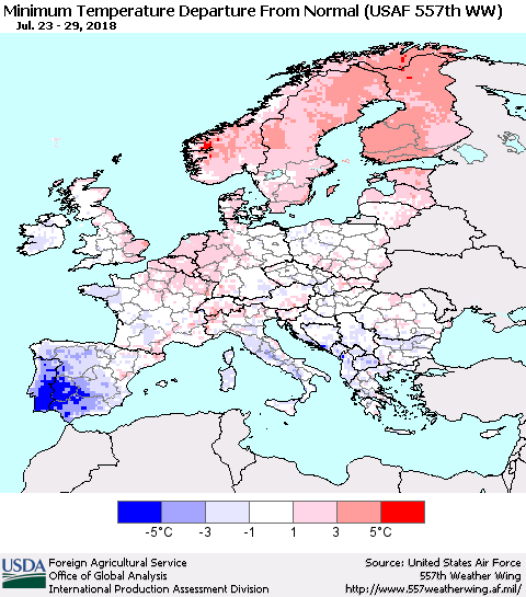 Europe Mean Minimum Temperature Departure from Normal (USAF 557th WW) Thematic Map For 7/23/2018 - 7/29/2018