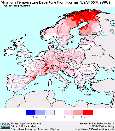 Europe Mean Minimum Temperature Departure from Normal (USAF 557th WW) Thematic Map For 7/30/2018 - 8/5/2018