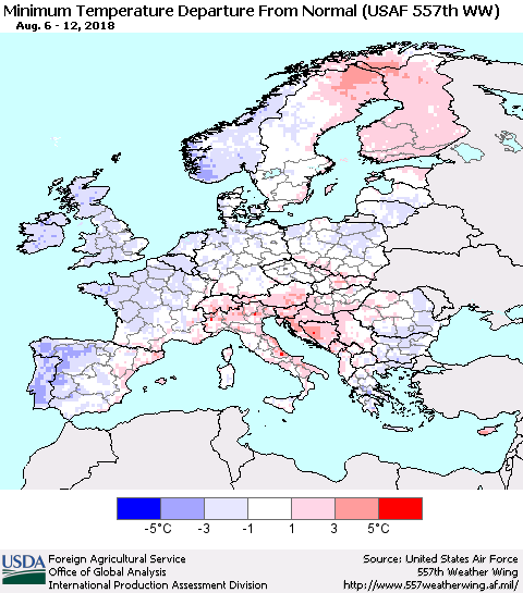 Europe Mean Minimum Temperature Departure from Normal (USAF 557th WW) Thematic Map For 8/6/2018 - 8/12/2018