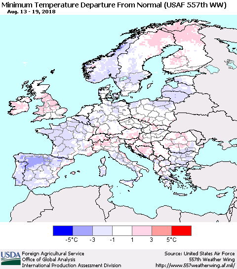 Europe Mean Minimum Temperature Departure from Normal (USAF 557th WW) Thematic Map For 8/13/2018 - 8/19/2018