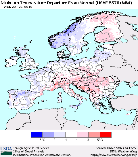 Europe Mean Minimum Temperature Departure from Normal (USAF 557th WW) Thematic Map For 8/20/2018 - 8/26/2018
