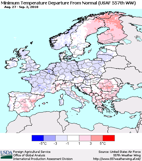 Europe Mean Minimum Temperature Departure from Normal (USAF 557th WW) Thematic Map For 8/27/2018 - 9/2/2018