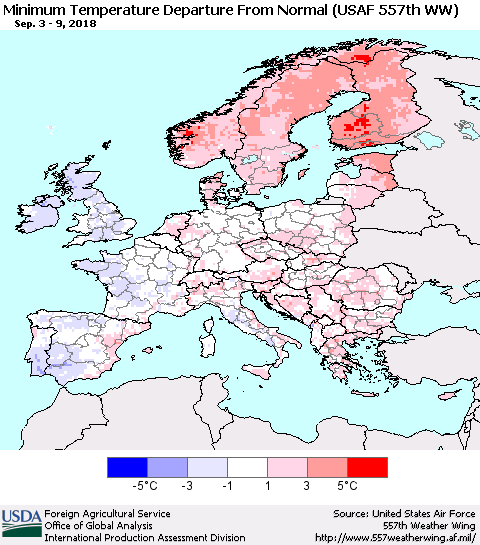 Europe Mean Minimum Temperature Departure from Normal (USAF 557th WW) Thematic Map For 9/3/2018 - 9/9/2018
