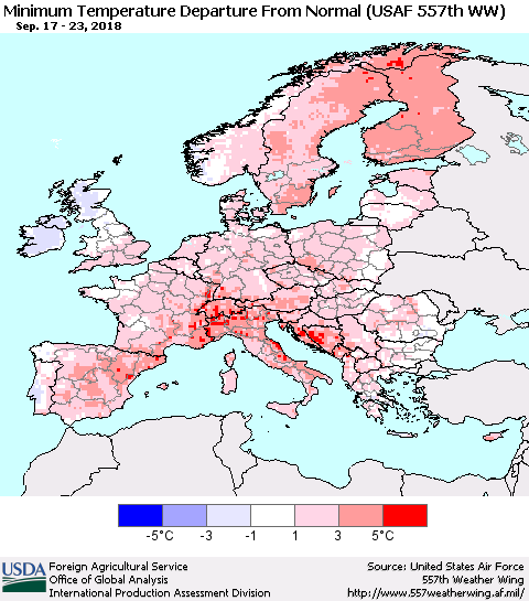 Europe Mean Minimum Temperature Departure from Normal (USAF 557th WW) Thematic Map For 9/17/2018 - 9/23/2018