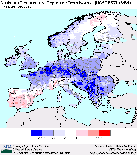 Europe Mean Minimum Temperature Departure from Normal (USAF 557th WW) Thematic Map For 9/24/2018 - 9/30/2018