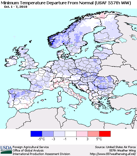 Europe Mean Minimum Temperature Departure from Normal (USAF 557th WW) Thematic Map For 10/1/2018 - 10/7/2018