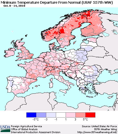 Europe Mean Minimum Temperature Departure from Normal (USAF 557th WW) Thematic Map For 10/8/2018 - 10/14/2018