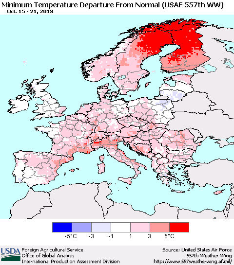 Europe Mean Minimum Temperature Departure from Normal (USAF 557th WW) Thematic Map For 10/15/2018 - 10/21/2018