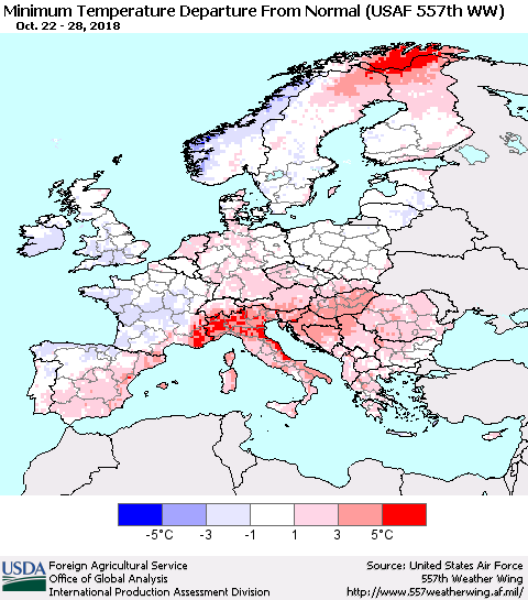 Europe Mean Minimum Temperature Departure from Normal (USAF 557th WW) Thematic Map For 10/22/2018 - 10/28/2018