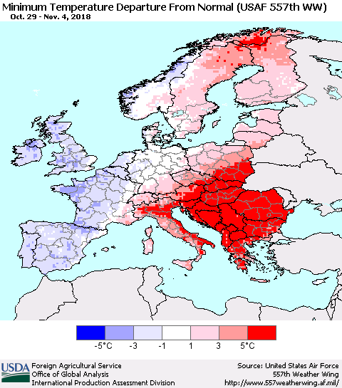 Europe Mean Minimum Temperature Departure from Normal (USAF 557th WW) Thematic Map For 10/29/2018 - 11/4/2018