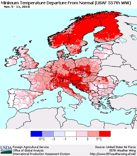 Europe Mean Minimum Temperature Departure from Normal (USAF 557th WW) Thematic Map For 11/5/2018 - 11/11/2018