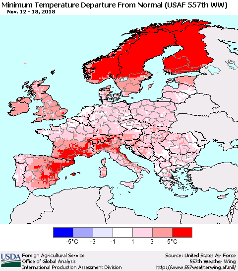Europe Mean Minimum Temperature Departure from Normal (USAF 557th WW) Thematic Map For 11/12/2018 - 11/18/2018