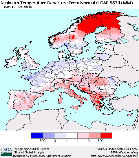 Europe Mean Minimum Temperature Departure from Normal (USAF 557th WW) Thematic Map For 11/19/2018 - 11/25/2018