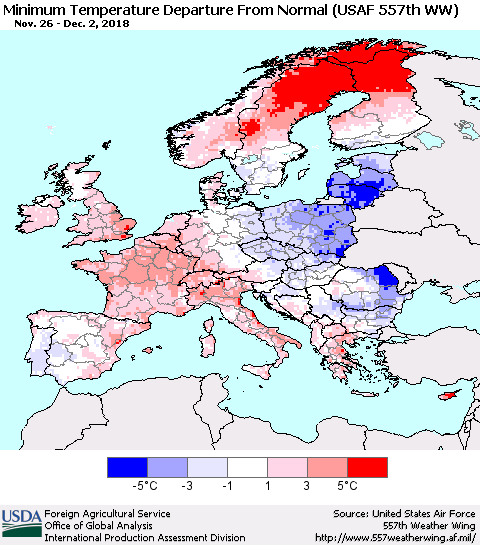 Europe Mean Minimum Temperature Departure from Normal (USAF 557th WW) Thematic Map For 11/26/2018 - 12/2/2018