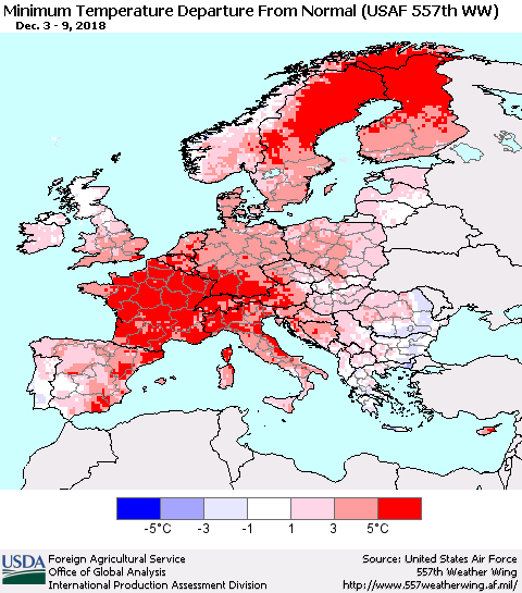 Europe Mean Minimum Temperature Departure from Normal (USAF 557th WW) Thematic Map For 12/3/2018 - 12/9/2018
