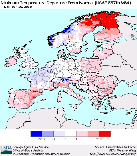 Europe Mean Minimum Temperature Departure from Normal (USAF 557th WW) Thematic Map For 12/10/2018 - 12/16/2018