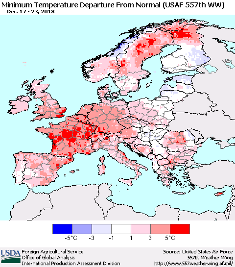 Europe Mean Minimum Temperature Departure from Normal (USAF 557th WW) Thematic Map For 12/17/2018 - 12/23/2018