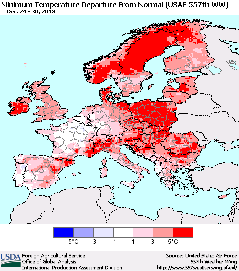 Europe Mean Minimum Temperature Departure from Normal (USAF 557th WW) Thematic Map For 12/24/2018 - 12/30/2018