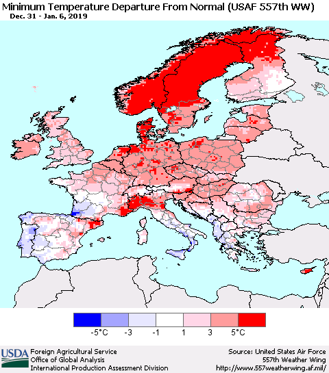 Europe Mean Minimum Temperature Departure from Normal (USAF 557th WW) Thematic Map For 12/31/2018 - 1/6/2019