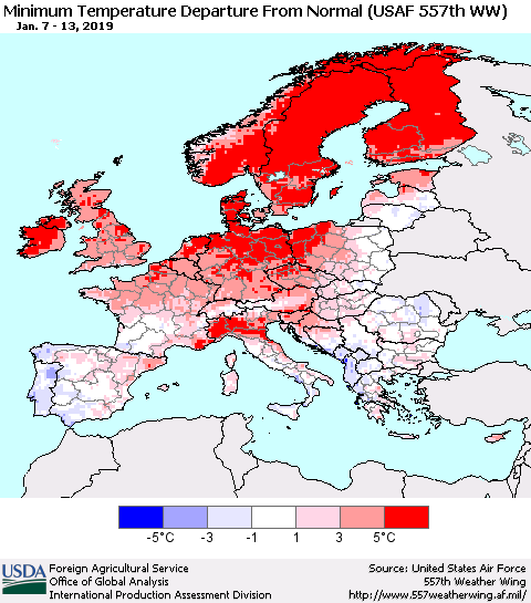 Europe Mean Minimum Temperature Departure from Normal (USAF 557th WW) Thematic Map For 1/7/2019 - 1/13/2019