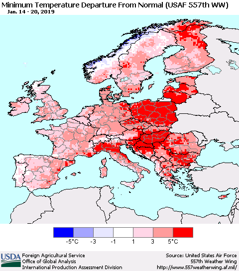 Europe Mean Minimum Temperature Departure from Normal (USAF 557th WW) Thematic Map For 1/14/2019 - 1/20/2019
