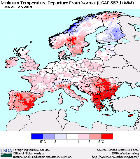Europe Mean Minimum Temperature Departure from Normal (USAF 557th WW) Thematic Map For 1/21/2019 - 1/27/2019