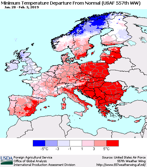 Europe Mean Minimum Temperature Departure from Normal (USAF 557th WW) Thematic Map For 1/28/2019 - 2/3/2019