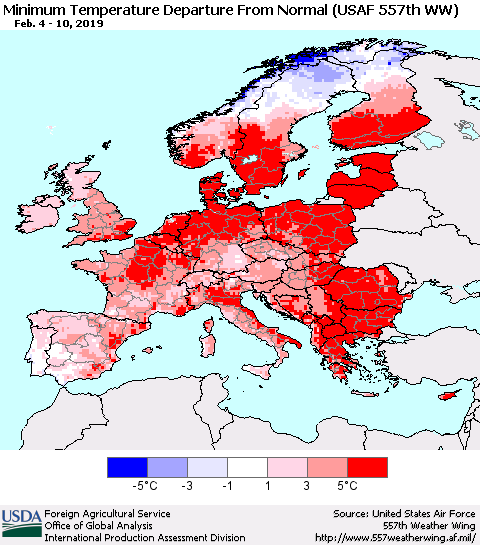 Europe Mean Minimum Temperature Departure from Normal (USAF 557th WW) Thematic Map For 2/4/2019 - 2/10/2019