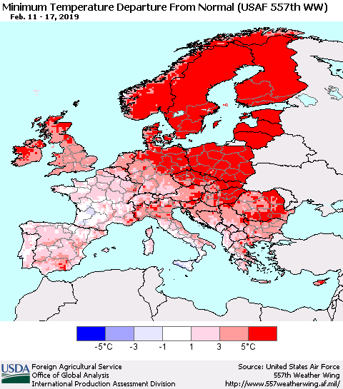 Europe Mean Minimum Temperature Departure from Normal (USAF 557th WW) Thematic Map For 2/11/2019 - 2/17/2019