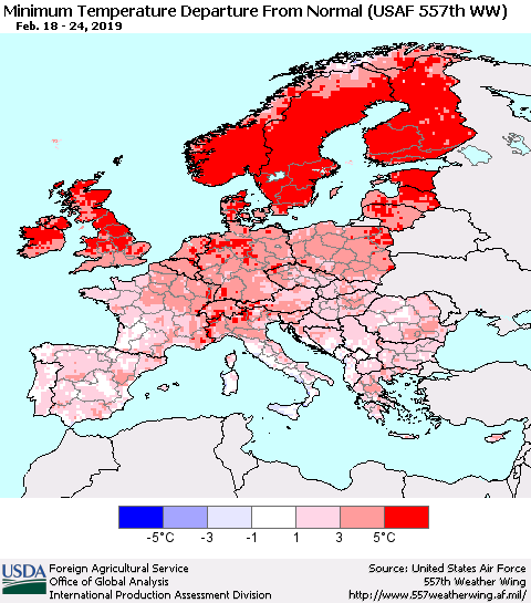 Europe Mean Minimum Temperature Departure from Normal (USAF 557th WW) Thematic Map For 2/18/2019 - 2/24/2019