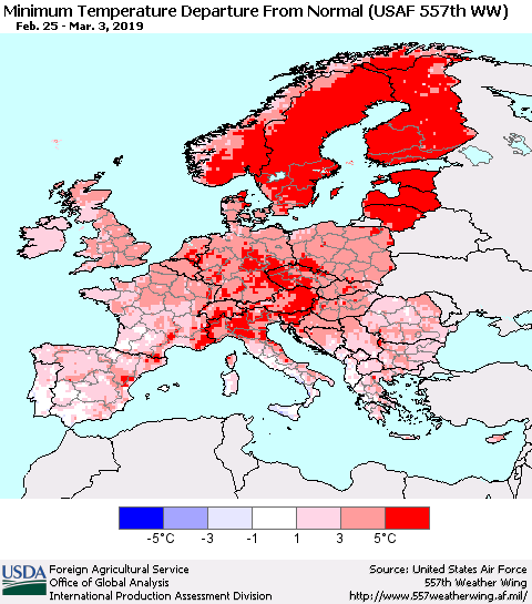 Europe Mean Minimum Temperature Departure from Normal (USAF 557th WW) Thematic Map For 2/25/2019 - 3/3/2019