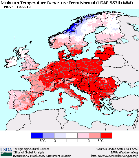 Europe Mean Minimum Temperature Departure from Normal (USAF 557th WW) Thematic Map For 3/4/2019 - 3/10/2019