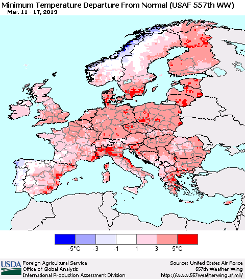 Europe Mean Minimum Temperature Departure from Normal (USAF 557th WW) Thematic Map For 3/11/2019 - 3/17/2019