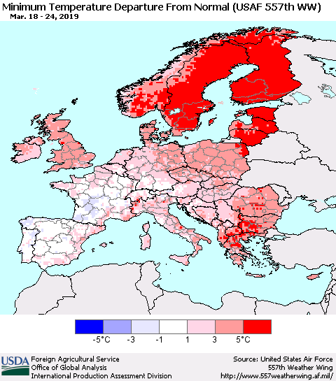Europe Mean Minimum Temperature Departure from Normal (USAF 557th WW) Thematic Map For 3/18/2019 - 3/24/2019