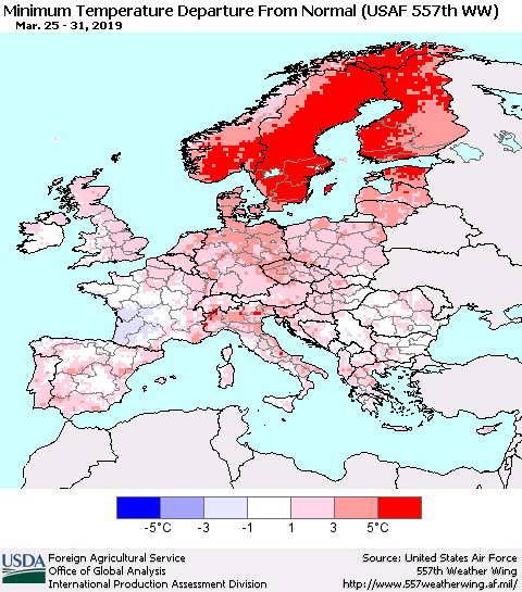 Europe Mean Minimum Temperature Departure from Normal (USAF 557th WW) Thematic Map For 3/25/2019 - 3/31/2019