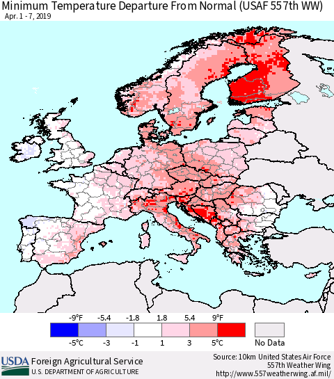 Europe Mean Minimum Temperature Departure from Normal (USAF 557th WW) Thematic Map For 4/1/2019 - 4/7/2019