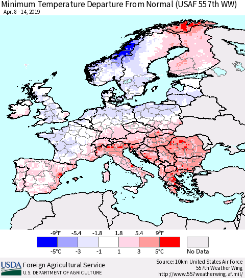 Europe Mean Minimum Temperature Departure from Normal (USAF 557th WW) Thematic Map For 4/8/2019 - 4/14/2019