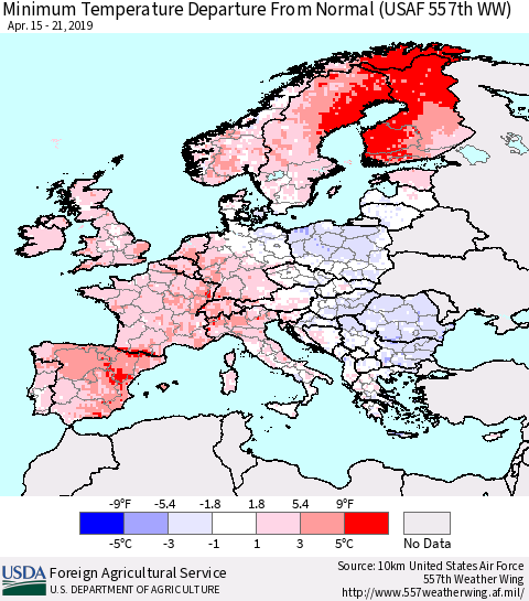 Europe Mean Minimum Temperature Departure from Normal (USAF 557th WW) Thematic Map For 4/15/2019 - 4/21/2019
