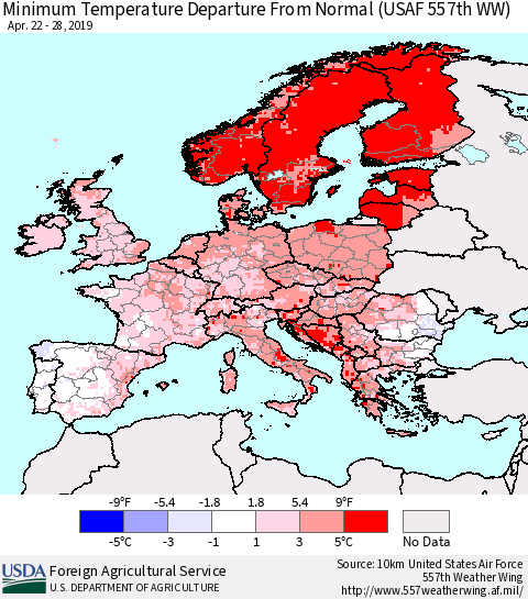 Europe Mean Minimum Temperature Departure from Normal (USAF 557th WW) Thematic Map For 4/22/2019 - 4/28/2019